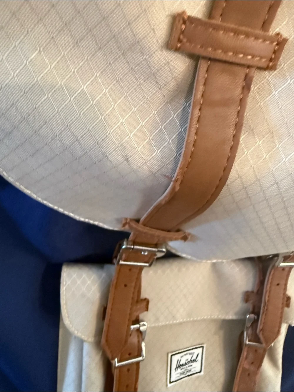 Herschel Supply Company Navy and Cream Canvas Backpack with Tan Straps